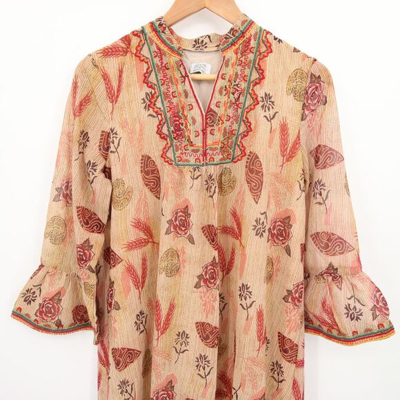 Zara Dress Tan Leaf Floral Pattern Nude Beige Bell Sleeve Embroidered Neckline M - Picture 4 of 12